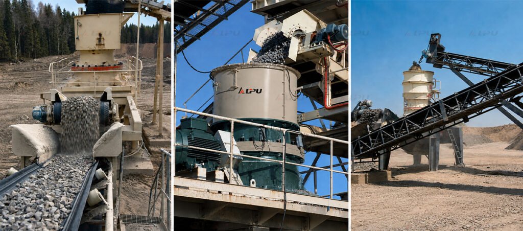 Single-cylinder cone crusher customer sites for hard rock and aggregate crushing applications