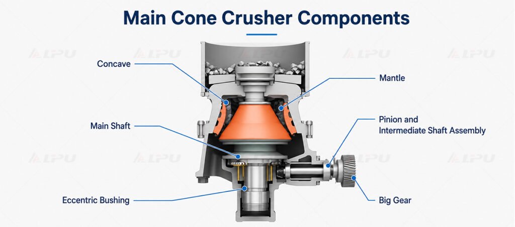 Main components of a single-cylinder cone crusher including concave mantle main shaft eccentric bushing and transmission assembly