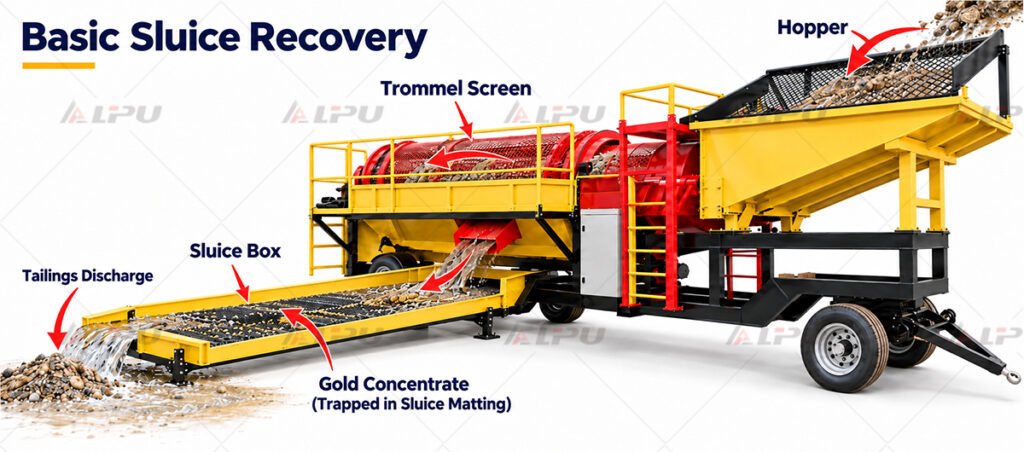 Mobile trommel gold wash plant configured with basic sluice box for alluvial gold recovery.