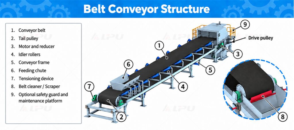 Belt conveyor structure diagram illustrating key components including conveyor belt, drive and tail pulley, idler rollers, frame, tensioning device, and belt cleaner scraper.