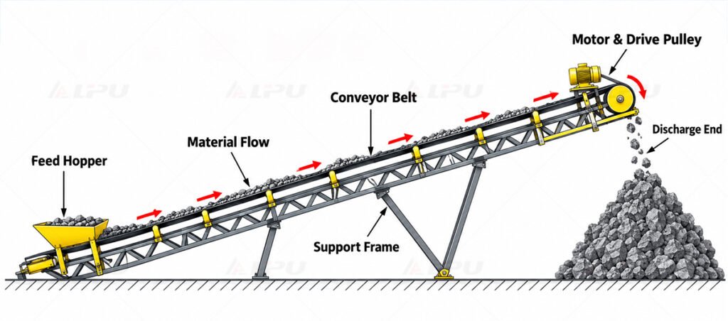 Belt conveyor working principle diagram showing material flow from feed hopper to discharge end, driven by drive pulley and conveyor belt on support frame.