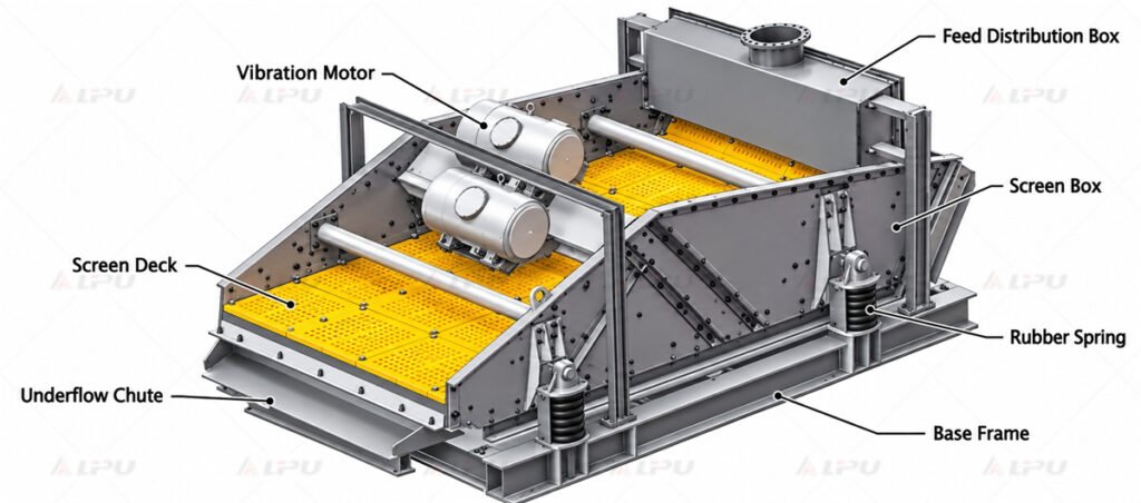 Dewatering screen structure showing vibration motors, feed distribution box, polyurethane screen deck, underflow chute, rubber springs and base frame.