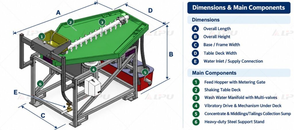 Gemini shaker table dimensions and main components, including the feed hopper, deck, wash-water manifold, drive, collection sump, and support frame