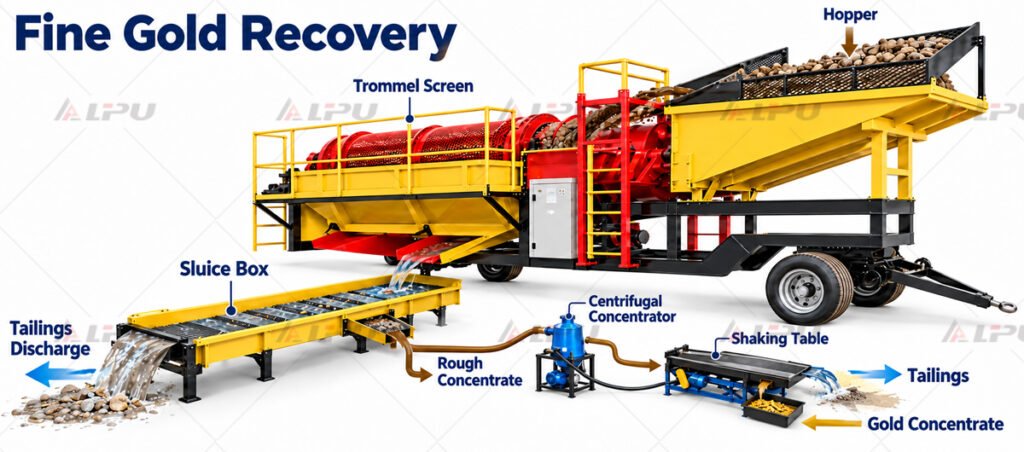 Fine gold recovery circuit combining sluice box, centrifugal concentrator, and shaking table.