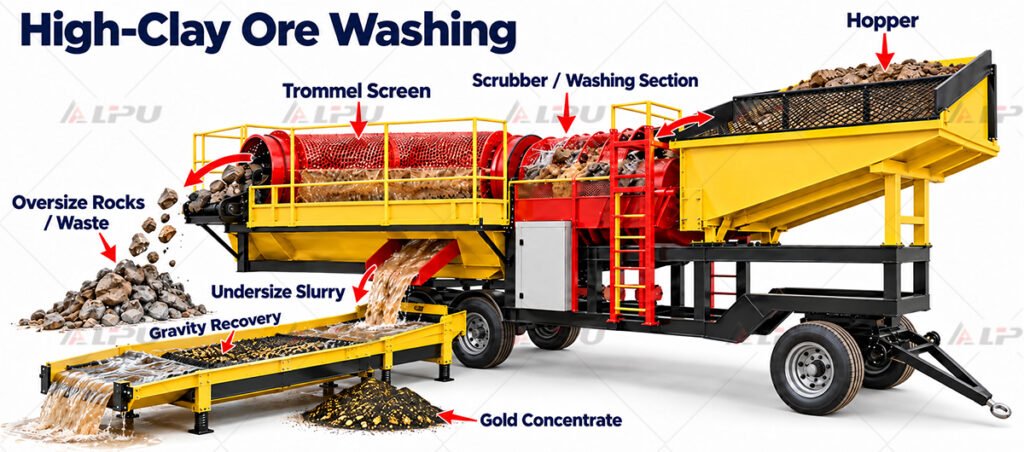 Mobile trommel plant with rotary scrubber washing section for sticky clay gold ore processing.