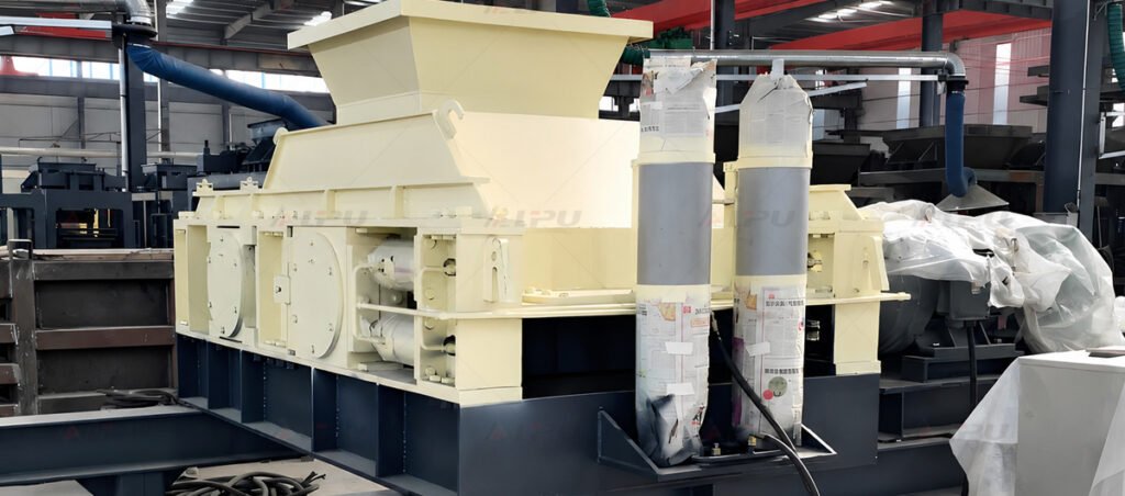 Hydraulic roll crusher assembled in an industrial workshop