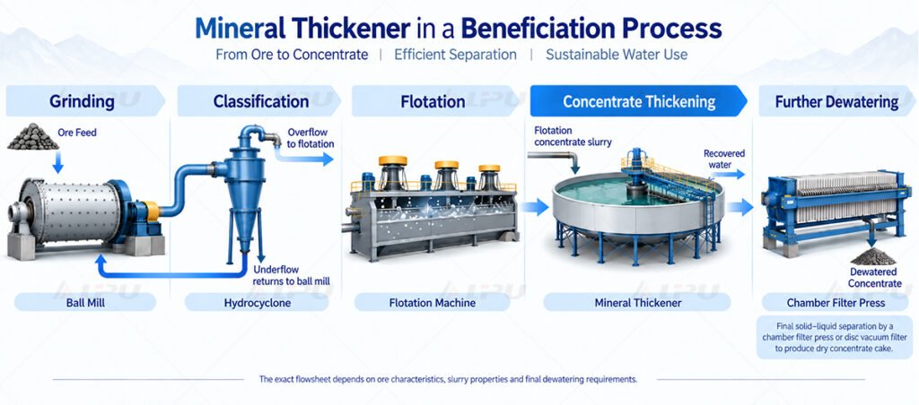 Mineral thickener in a beneficiation process with ball mill hydrocyclone flotation and filter press