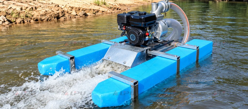 Mini gold dredge operating in a shallow river for placer gold recovery