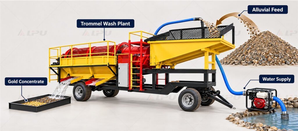 Mobile trommel gold wash plant configuration showing alluvial feed, water supply, trommel washing and gold concentrate recovery.