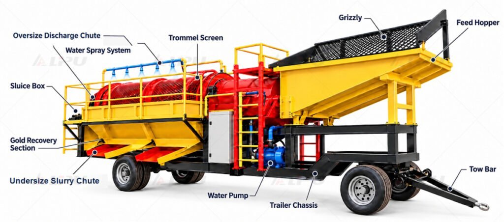 Main structural components of mobile trommel gold wash plant including grizzly hopper, trommel screen, and trailer chassis.