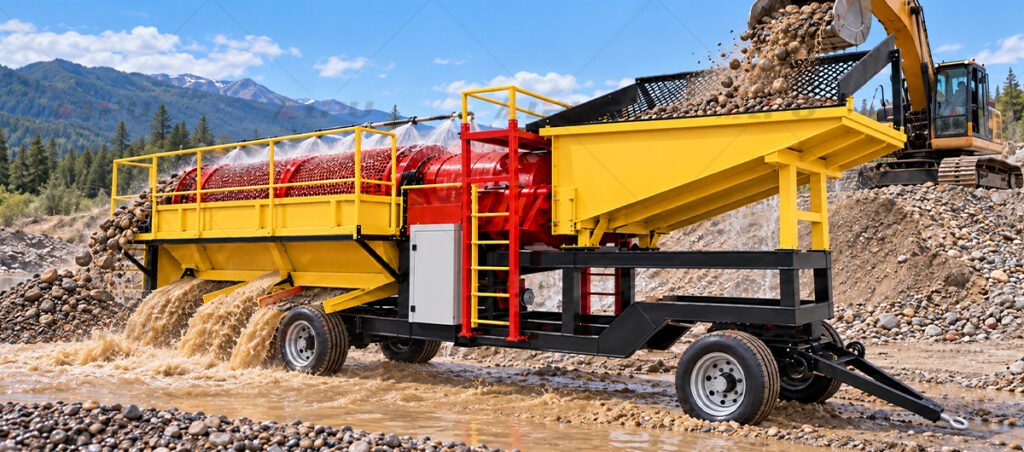 Mobile trommel gold wash plant processing alluvial gravel at a working site with water spraying, oversize discharge, and muddy slurry flow.