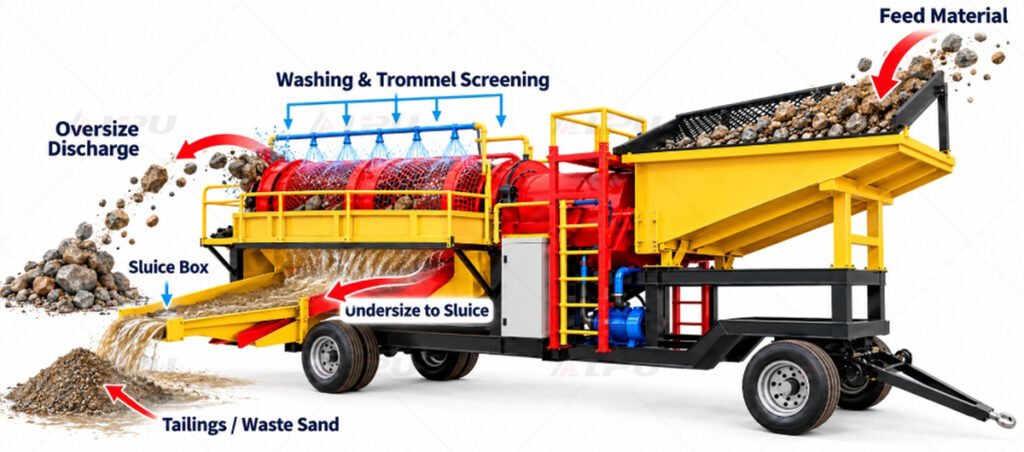 Working process flow of mobile trommel gold wash plant showing feeding, washing, screening, and sluice box recovery.