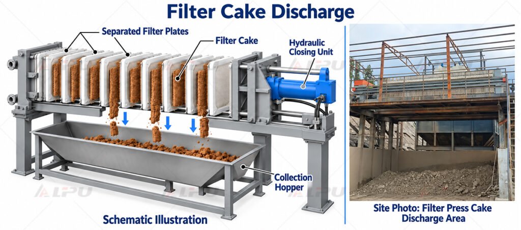 Plate filter press cake discharge schematic alongside a site photo showing the press platform and filter cake collection area.