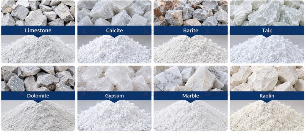 Applicable materials for Raymond mill showing raw minerals and ground powders