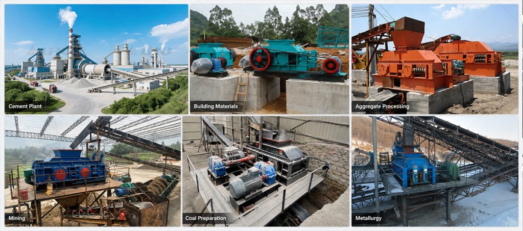 Roll crusher application fields including cement plants mining building materials aggregate processing metallurgy and coal preparation