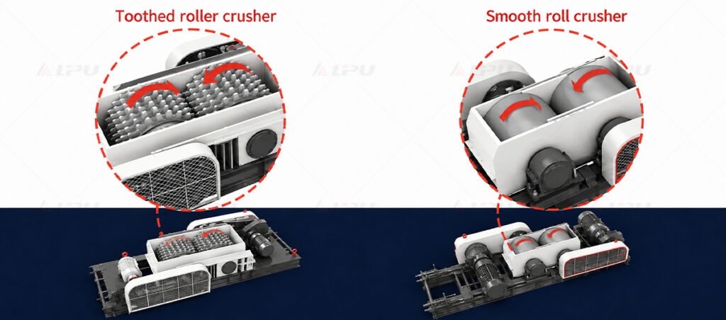 Roll crusher working principle showing toothed roller crusher and smooth roll crusher with counter-rotating rolls