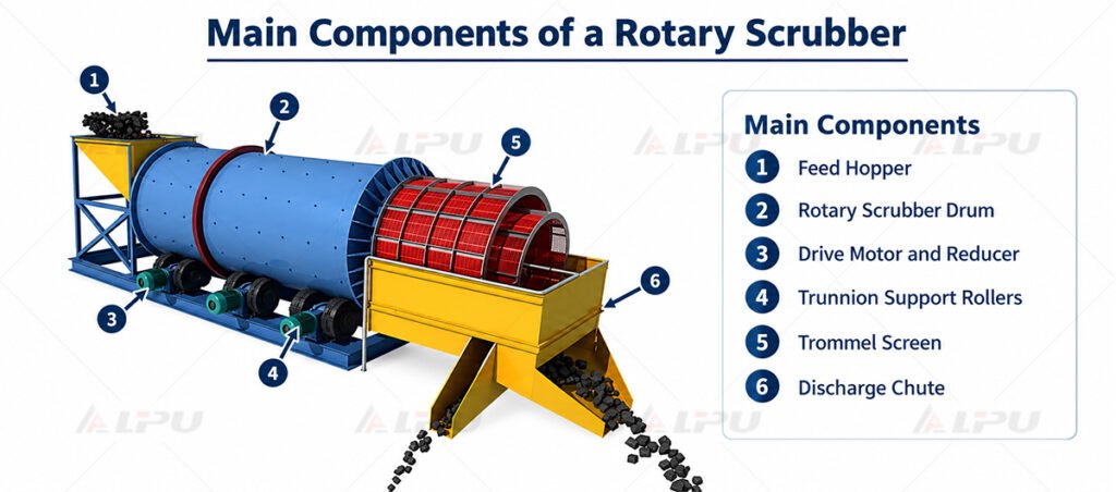 Main components of a rotary scrubber, including the feed hopper, rotating drum, drive motor and reducer, support rollers, trommel screen, and discharge chute.