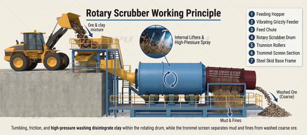 Rotary scrubber working principle showing ore feed, water washing, drum scrubbing, trommel screening, and material discharge.