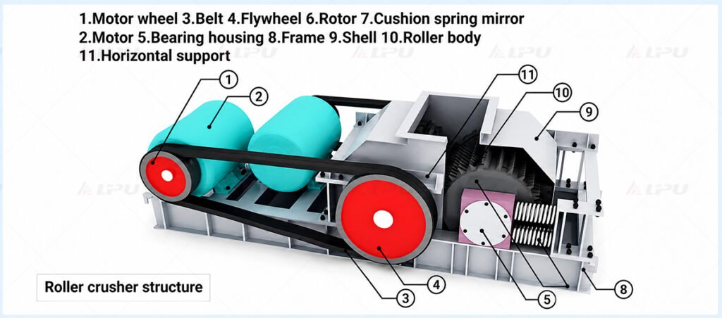 Roll crusher structure showing motor belt flywheel roller body bearing housing frame and spring protection components