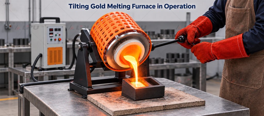 Tilting gold melting furnace heating a metal charge in its crucible