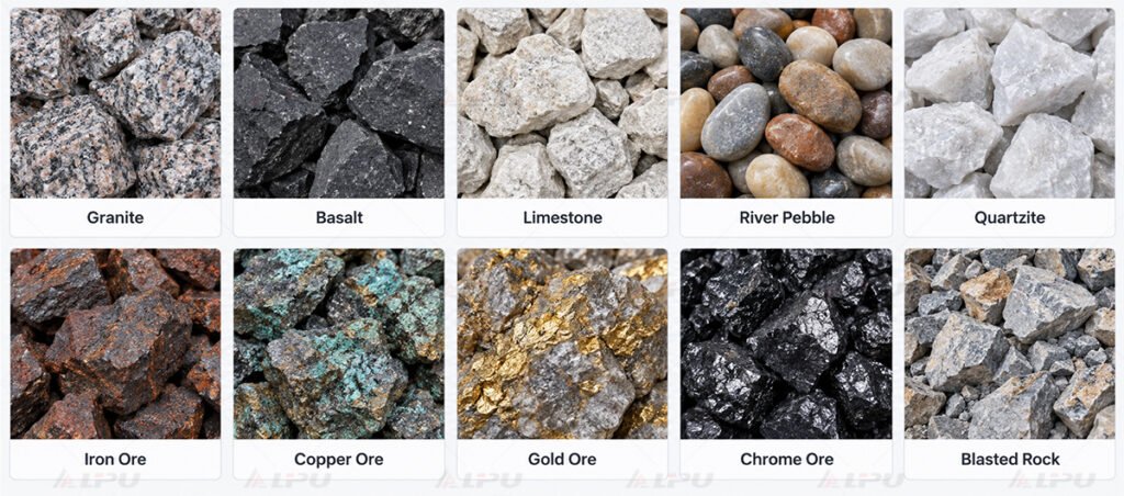 Granite, basalt, limestone, river pebble, quartzite, iron ore, copper ore, gold ore, chrome ore, and blasted rock suitable for vibrating feeder applications.