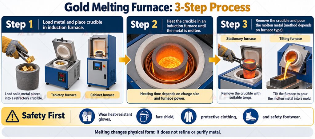 Gold melting furnace working principle showing metal charging, heating, melting, and pouring