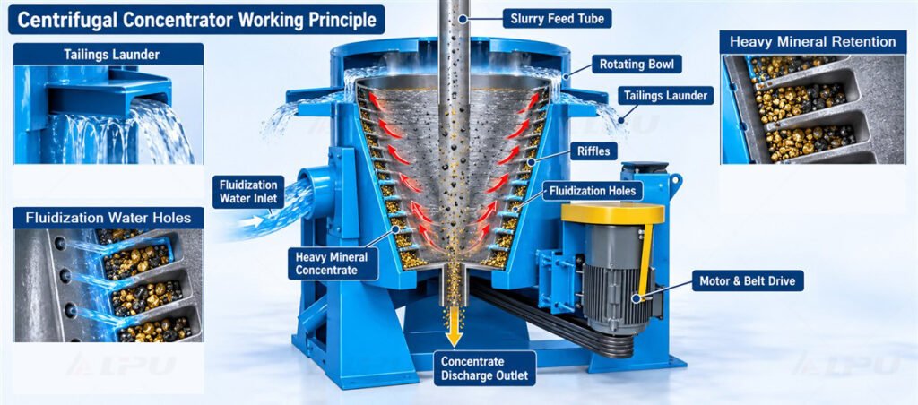 Centrifugal concentrator working principle diagram showing slurry feed, rotating bowl, riffles, fluidization water holes, tailings launder, heavy mineral retention, and concentrate discharge outlet.