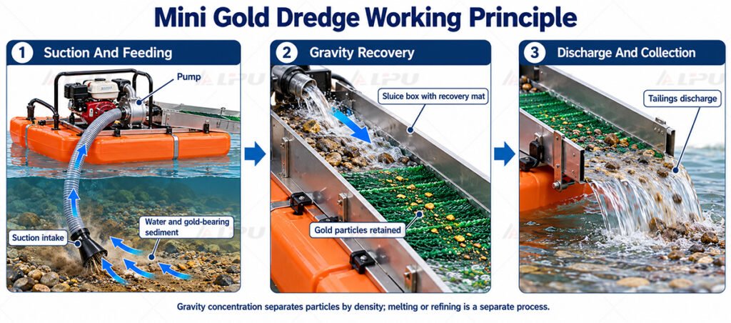 Mini gold dredge process showing material feed, pumping, sluice recovery, and tailings discharge