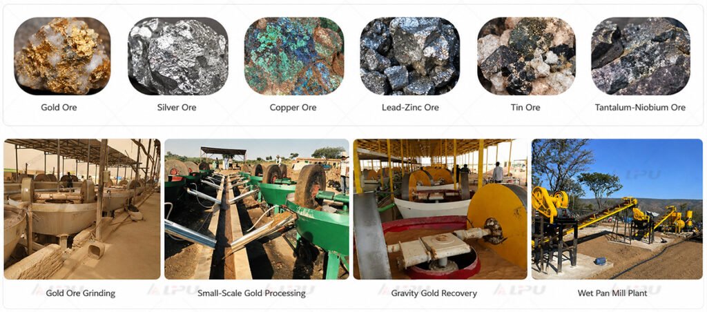 Wet pan mill applications in small-scale gold processing plants, showing real-site grinding and beneficiation scenes.