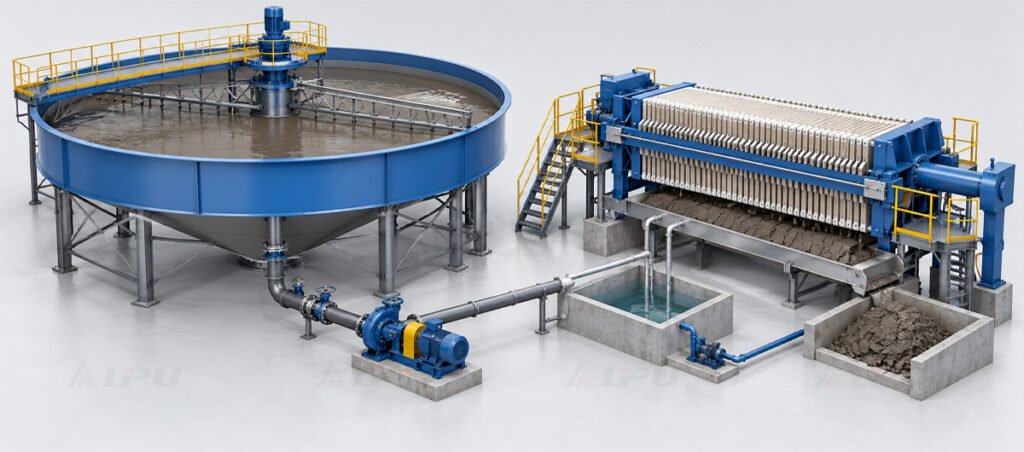 Industrial concentrate dewatering circuit with high-rate thickener and chamber filter press producing dry cake.