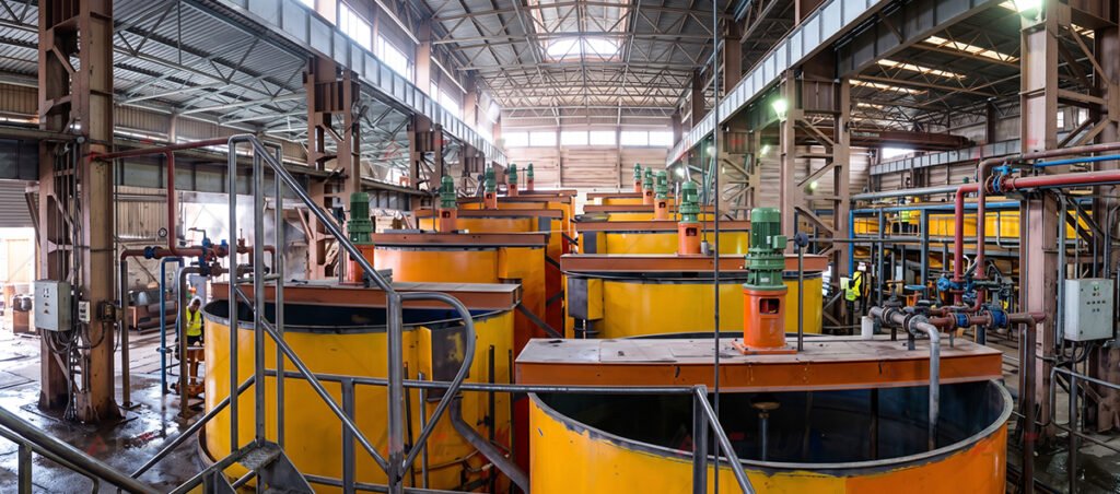 Industrial continuous agitation leaching tanks and reagent piping for oxide cobalt ore extraction.