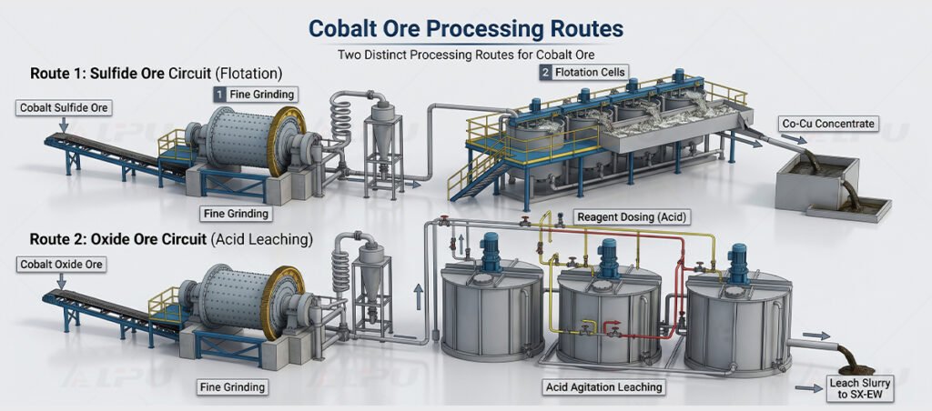 3D engineering flowsheet diagram illustrating standard flotation route for sulfide cobalt ores and acid leaching route for oxide cobalt ores.
