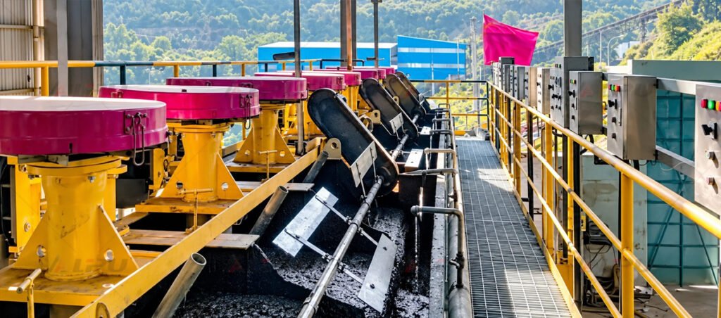 Operating flotation cells with mineralized froth, drive assemblies, control cabinets, and a maintenance walkway.