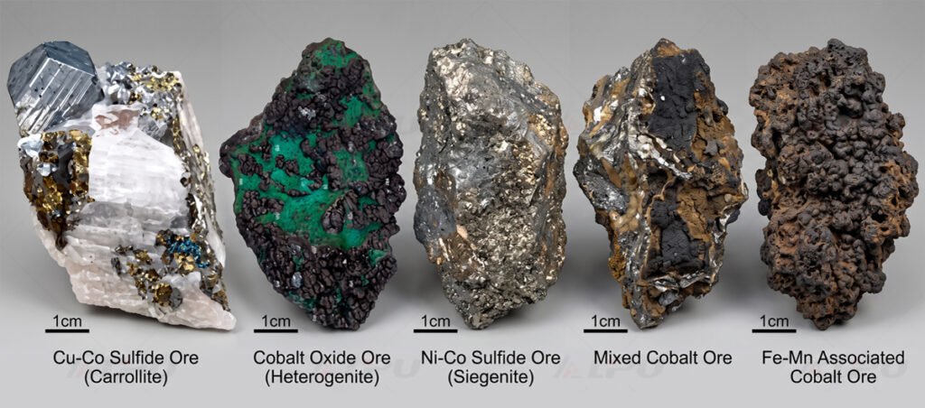 Geological macro photography composite of 5 major cobalt ore types: sulfide, oxide, nickel-cobalt, mixed, and ferromanganese associated ores with scale bars.