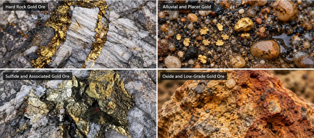 Representative hard rock, alluvial, sulfide-associated, and oxide gold ore materials used to assess processing routes.