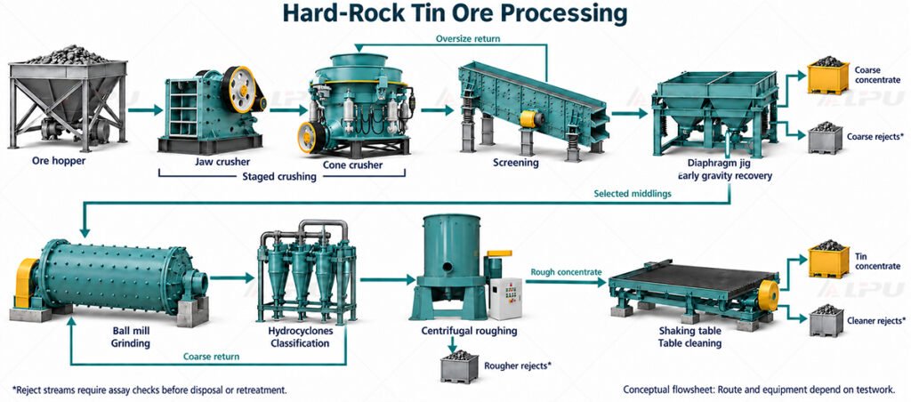 Conceptual hard-rock tin circuit with staged crushing, selective grinding and gravity recovery.
