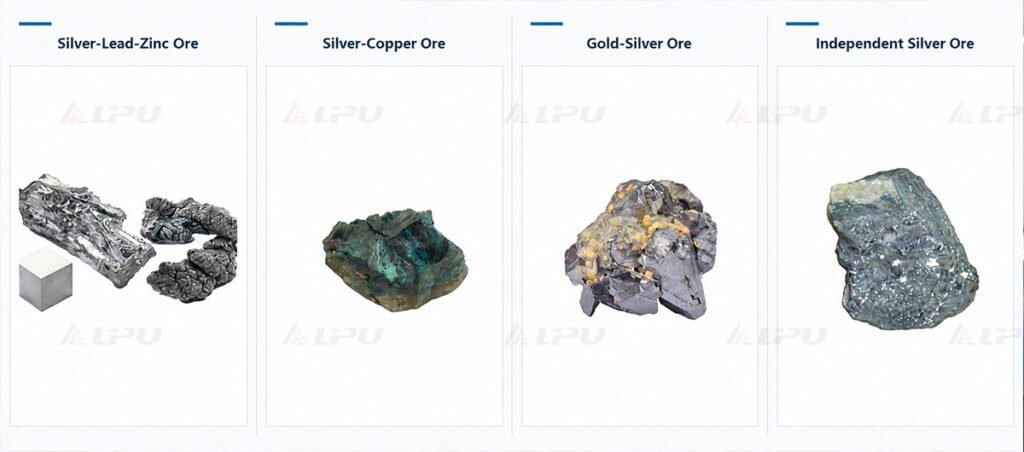 Illustrative silver-bearing ore samples: silver-lead-zinc ore, silver-copper ore, gold-silver ore, and independent silver ore.