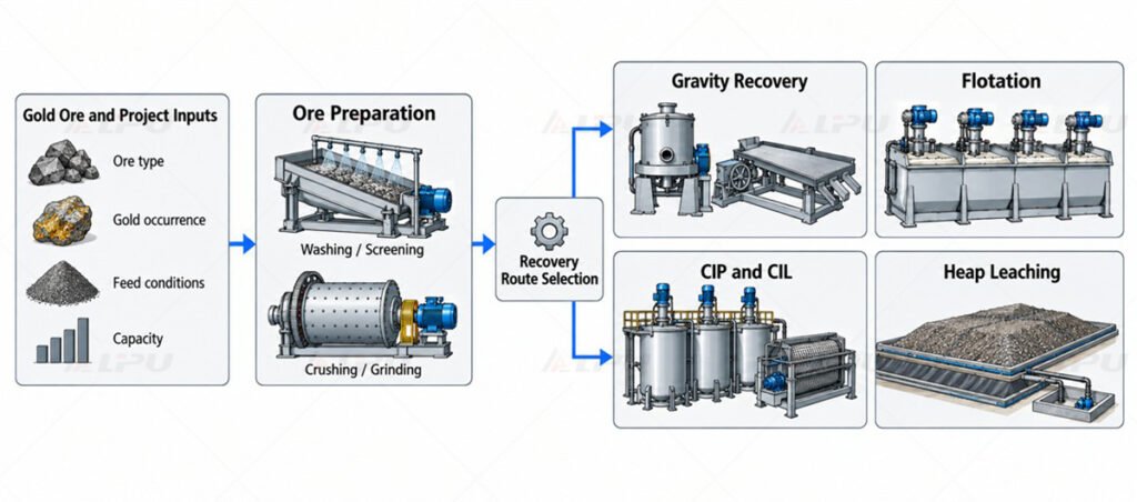 Gold processing plant configuration from ore assessment through recovery and downstream handling.