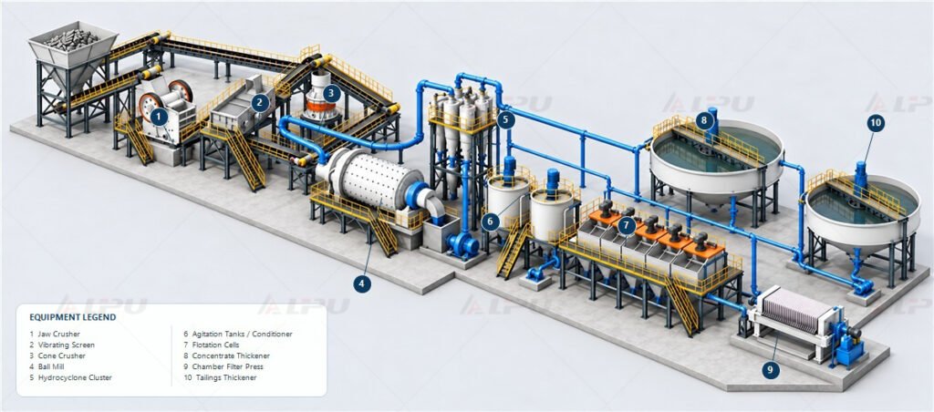  Labeled three-dimensional silver ore processing plant layout with crushing, screening, grinding, flotation, concentrate dewatering, and tailings thickening.