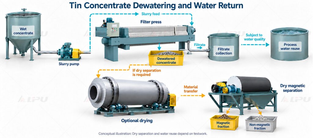Conceptual tin concentrate dewatering system with separate solids handling and water return.