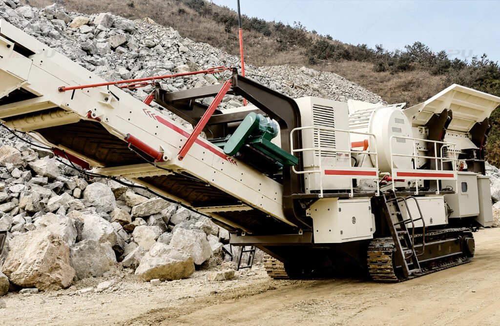 Crawler mobile crusher processing limestone and medium-hard rock at a quarry site