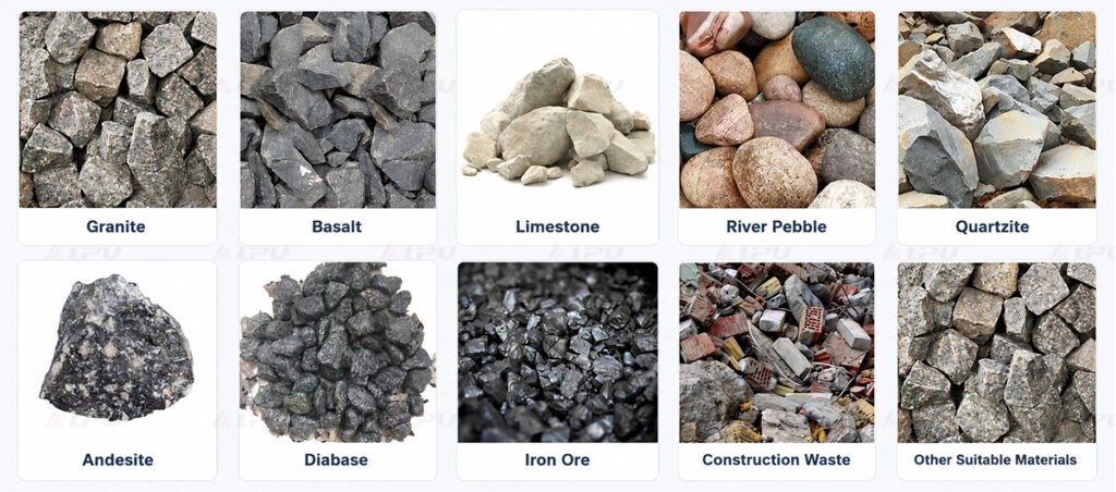 Materials suitable for crawler mobile crushing plants including granite basalt limestone river pebble quartzite andesite diabase iron ore and construction waste