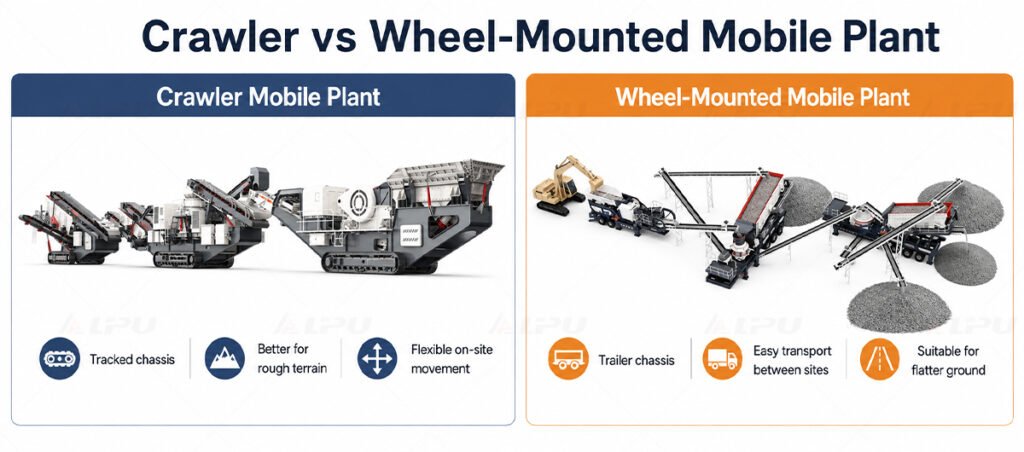 Crawler vs wheel-mounted mobile crushing plant comparison showing tracked chassis, trailer chassis, site mobility and transport differences
