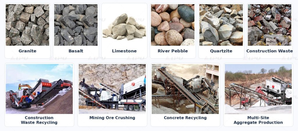 Mobile crushing and screening plant materials and applications including granite basalt limestone river pebble quartzite construction waste quarry aggregate mining and temporary projects