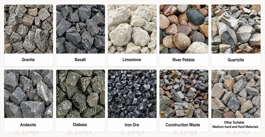 Materials suitable for wheel-mounted mobile crushing plants including granite basalt limestone river pebble quartzite andesite diabase iron ore and construction waste