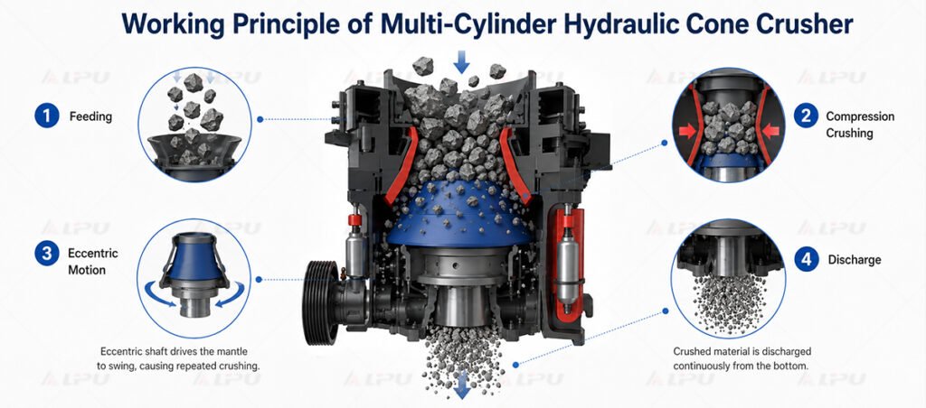 Working principle of Multi-cylinder Hydraulic Cone Crusher