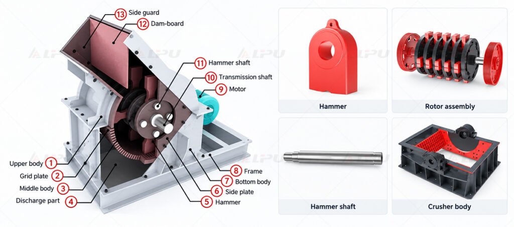 Main components of a hammer crusher including hammer rotor shaft and crusher body