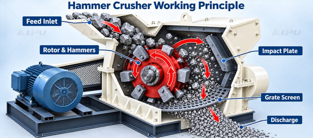 Hammer crusher working principle with high speed rotor and grate discharge