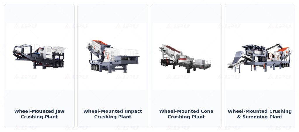 Wheel-mounted mobile crushing plant configurations including jaw impact cone and crushing screening units