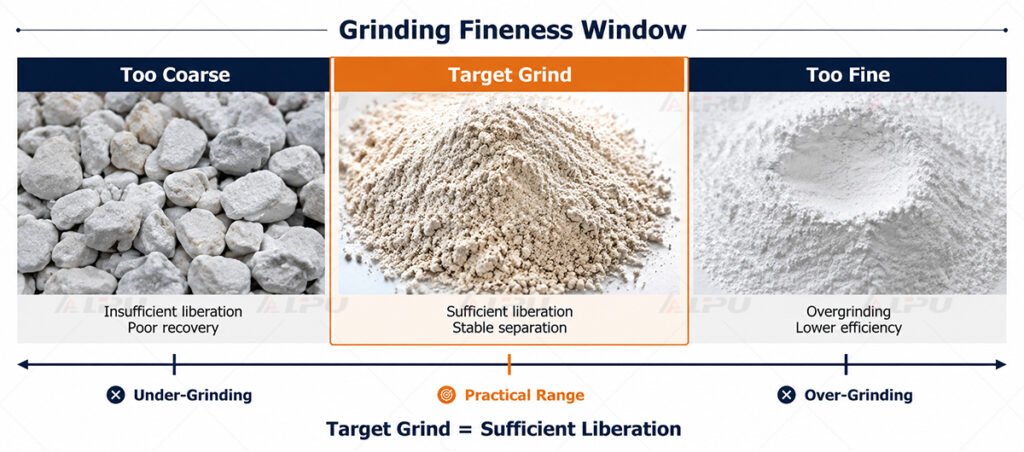 Too coarse, target grind and too fine particle conditions showing the practical grinding fineness range in mineral processing